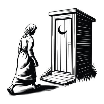 A woman walks toward a wooden outhouse with a crescent moon cutout