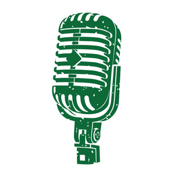 Green vintage microphone with grill and stand green microphone distressed texture white background