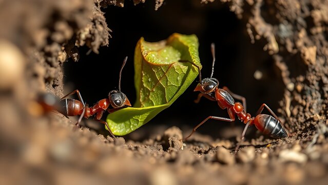 phonology. Ants communicating with antennae at nest entrance, coordinating to carry leaf fragment. wildlife magazines, conservation campaigns, designed for wildlife conservation campaigns.