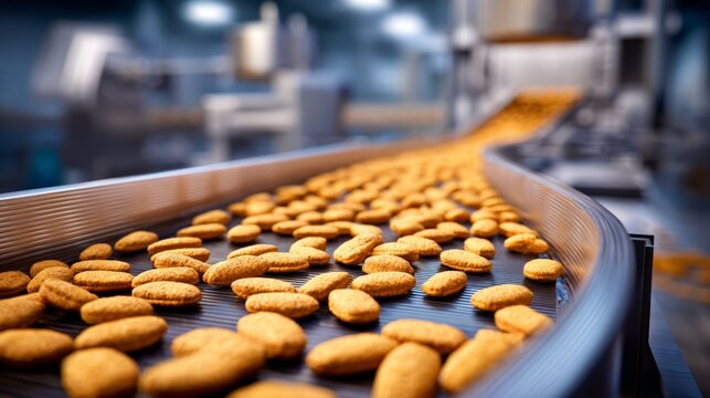 Cookies move along conveyor belt in a factory during production process for packaging and distribution