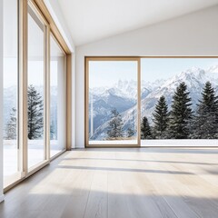 Fototapeta premium Minimalist Room Expansive wood-framed windows offer a panoramic view of a snowy mountain range and evergreen trees, bathed in natural light. Modern winter alpine retreat. ,architecture