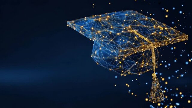 A digital rendering of an academic graduation cap composed of interconnected lines and dots glows against a dark blue background. ..Created with Generative AI, not depicting real subjects.