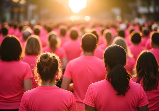 Hundreds of people in vibrant pink shirts participating in a community awareness run or charity walk at sunrise, fostering togetherness and support