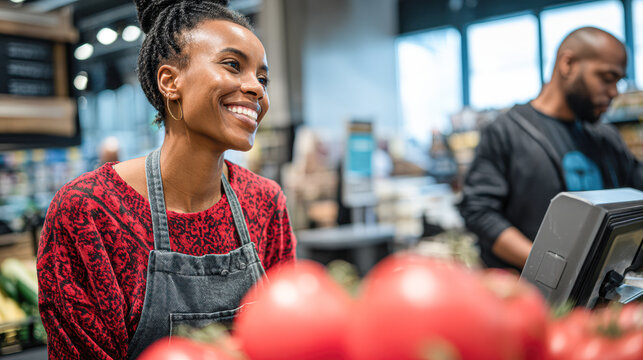 A friendly cashier smiles at a grocery store checkout, with fresh tomatoes in the foreground and a customer using the payment terminal.