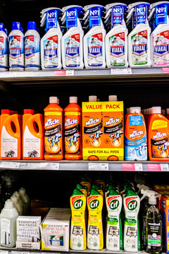 Selection Of UK Supermarket Kitchen Degreaser and Limescale Cleaner and Drain Unblocker Products