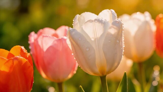 Vibrant white, pink, and orange tulips with fresh water droplets in sunlight, suitable for nature projects, spring themes, floral designs, garden blogs, and seasonal promotions.