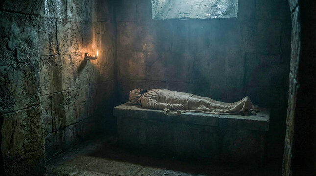Jes&uacute;s reposa en el sepulcro en una escena sobria y realista.