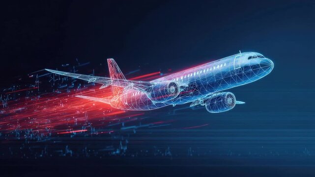 An artistic, energetic rendering of an airplane soaring through the sky, its form elucidated with intricate digital lights and trails. ..Created with Generative AI, not depicting real subjects.