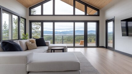 Fototapeta premium Modern Living Room with Expansive Windows and A-Frame Ceiling Framing a Stunning Lake and Mountain View, Seamless Indoor-Outdoor Design., Modern Home, Nature View