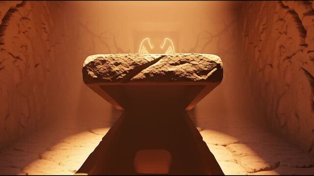 Ancient stone altar glowing with mystical energy in a dark, cavernous chamber, evoking mystery and ancient rituals.
