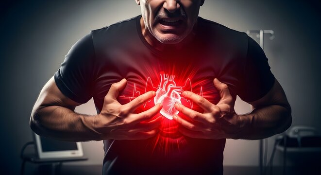Heart failure and acute chest pain emergency. Medical cardiology and intensive care. Middle aged man in distress clutching his chest with visible glowing heart organ illustration