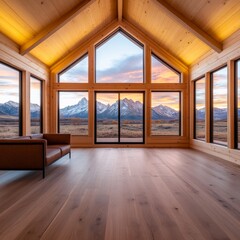 Fototapeta premium Modern Rustic Cabin Panoramic Snow-Capped Mountain Sunset View through vast windows, vaulted wood ceiling and minimalist sofa. Serene luxury retreat. Nature, Modern Living