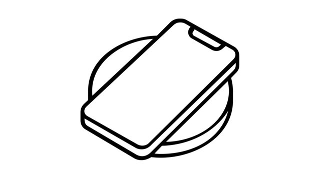 Minimalist wireless charging pad with smartphone vector icon illustration. Clean line art of a mobile phone on a circular induction charger. Scalable AI-generated graphic for tech and gadgets.