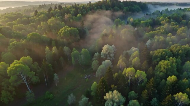 A serene spring forest at dawn, soft golden sunlight filtering through dense morning fog, fresh green leaves glowing with dew