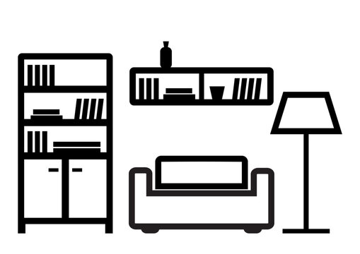 Living room, furniture, display cabinet, bookshelf, bookcase, sofa and lamp, vector banner. Concept for furniture store.