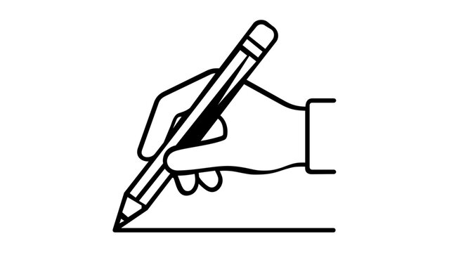 Professional vector icon illustration of a hand holding a pencil for writing, drawing, or sketching. Minimalist black line art design suitable for education, business, and creative concepts.