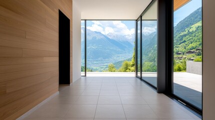 Fototapeta premium Modern wood-paneled hallway with tiled floor, featuring expansive glass revealing a seamless panoramic view of lush mountains and valleys, evoking serene luxury. Interior, Alpine