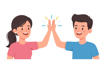 Obraz premium Two people, woman and man, giving each other a high five to celebrate. Man and woman giving high five together