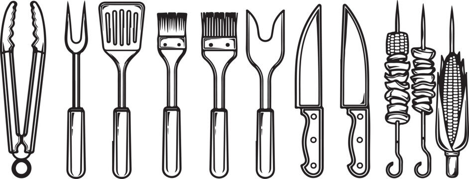 A collection of vintage and antique kitchen utensils illustrated in black and white Vector