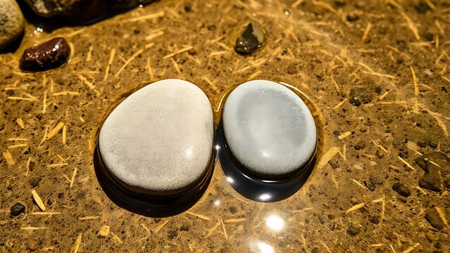 spandrel. Two smooth river stones resting on a sandy stream bed, natural textures. travel magazines, destination branding, designed for travel destination branding, used by management consultants.