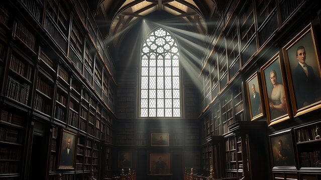 disequilibrium. Ancient family library with tall wooden bookshelves and stained glass window light. real-estate listings.