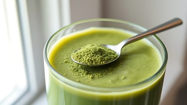 chlorella. A glass of green smoothie with chlorella powder sprinkled on top. bar promotions, beverage menus, designed for food & beverage menus and cafe branding, used by it administrators.