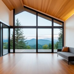 Fototapeta premium Seamless indoor-outdoor living Modern home with striking sloped wood ceiling, expansive windows framing a panoramic forest and mountain vista, minimalist interior. ,Architecture
