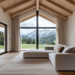 Fototapeta premium Seamless indoor-outdoor living Modern living room with an L-sectional sofa, wooden ceiling and floor, offering breathtaking panoramic mountain views through a vast window. Alpine