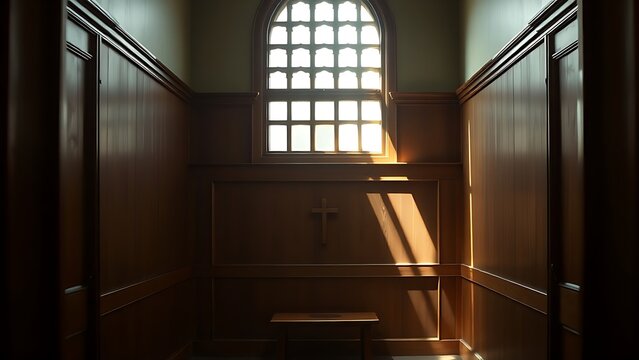 kneeler. The interior of an empty confessional booth with soft light entering through a wooden lattice. event programs, museum guides, designed for cultural heritage projects and event programs.