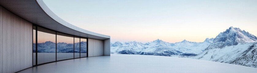Naklejka premium Serene Alpine Luxury Modern Curved Architecture with Reflective Glass Facade and Snow Terrace, framing Majestic Snowy Peaks under a Soft Sky. Contemporary, Vista