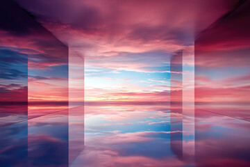 Surreal mirrored hallway with dreamy sunset sky