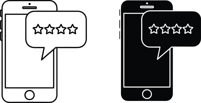 Smartphone screen showing five star rating system in speech bubble, customer feedback review.