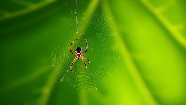 unobserved. A spider weaving a delicate web on a large green leaf with morning dew. wildlife magazines, conservation campaigns, designed for wildlife conservation campaigns, used by product managers.