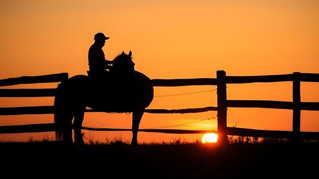 dismounting. A rider dismounting a horse near a fence at dusk, warm sunset colors. inspiring travel planning, wildlife magazines, designed for wildlife conservation campaigns.