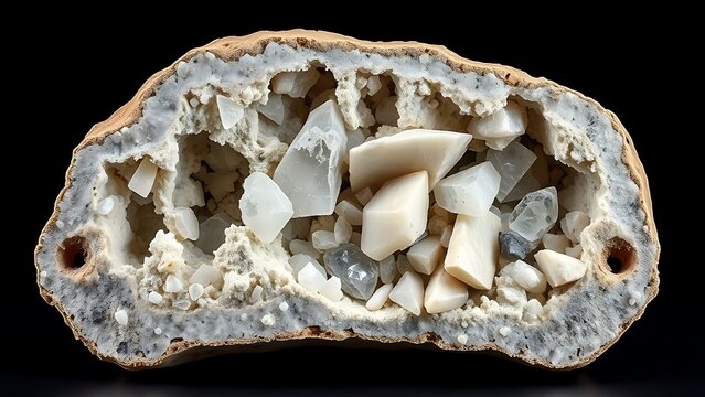 pegmatite. Split pegmatite rock specimen showing large interlocking crystals. STEM education sheets, lab safety posters, designed for STEM education and laboratory safety posters, used by architects.