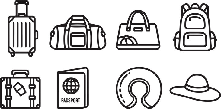 Essential items for international travel including luggage and passport Vector