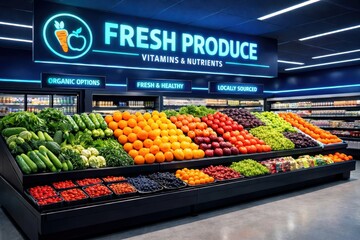Obraz premium Fresh Produce Display: A vibrant display of colorful fruits and vegetables fills the shelves, offering a visual feast of healthy eating options for health-conscious consumers.