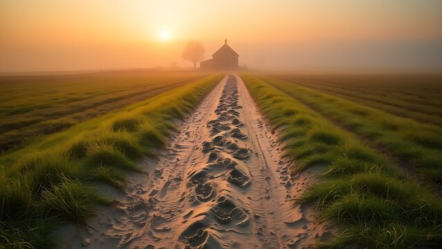 rightly. A dirt path with footprints leading to a misty farmhouse at dawn. travel magazines, destination branding, designed for travel destination branding and outdoor magazines and nature guides.
