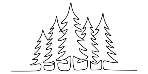 A minimalist single line drawing illustration of a group of evergreen coniferous pine trees Vector, illustration © Kailash Roy