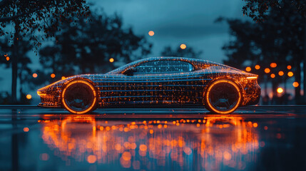 Futuristic Neon Sports Car With Digital Light Pattern and Wet Street Reflection at Dusk