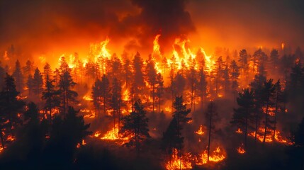 Fototapeta premium Intense forest wildfire burning through pine trees with flames and smoke for natural disaster climate change