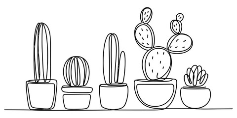 A collection of five different potted cactus plants drawn in a simple continuous line art style Vector, illustration © Kailash Roy