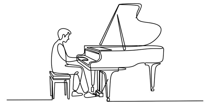 A single continuous line drawing of a person sitting and playing a grand piano in a quiet room Vector, illustration
