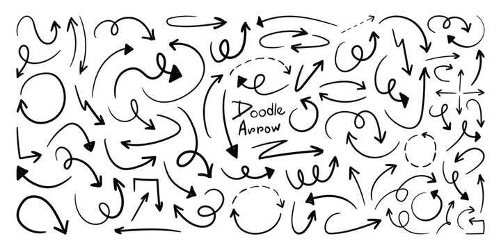 Hand drawn doodle arrow vector collection. Scribble lines arrow doodle elements. Crayon drawn note curve arrow doodles set. 
