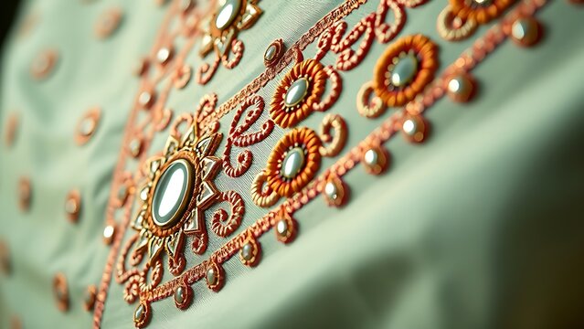 shockabsorber. Close-up of a traditional garment with intricate mirror work and silk embroidery. STEM education sheets, lab safety posters, designed for biotech research communications.