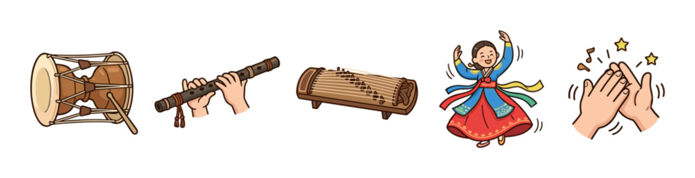 Traditional Korean musical instruments and cultural dance performance elements are depicted in a vibrant cartoon style, celebrating rich heritage.