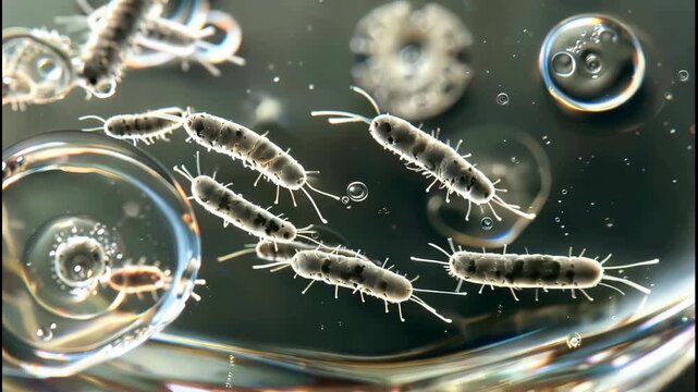 Microscopic view of rodshaped bacteria with flagella swimming in a fluid medium, scientific visualization of microorganisms under a microscope