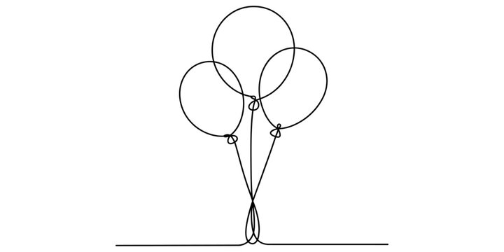 A minimalist single line drawing of three balloons floating together on a clean white background Vector, illustration