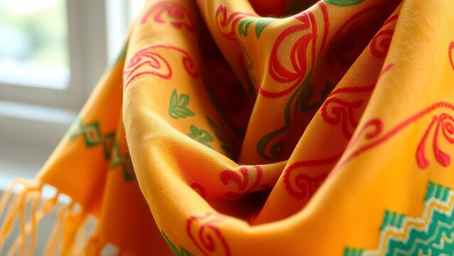 correlating. Detailed close-up of an embroidered Pashmina shawl in rich colors with soft folds. event programs, museum guides, designed for cultural heritage projects and event programs.