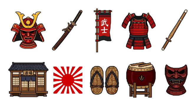 Japanese traditional samurai culture and historical objects collection featuring ancient warrior armor, weapons, masks, and architectural elements in a vibrant vector illustration.